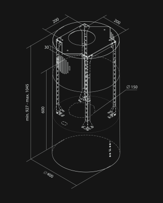 Ostrovčekový digestor Tubo Black Matt Gesture Control - Čierna matná - technický výkres