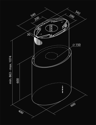 Ostrovčekový digestor Oval Black Matt - Čierna matná - technický výkres