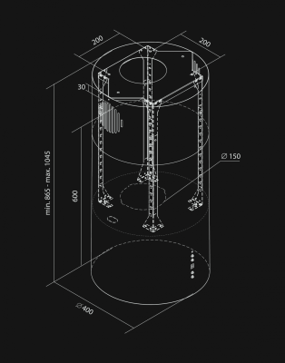 Ostrovčekový digestor Cylindro Antracit - Antracite - technický výkres