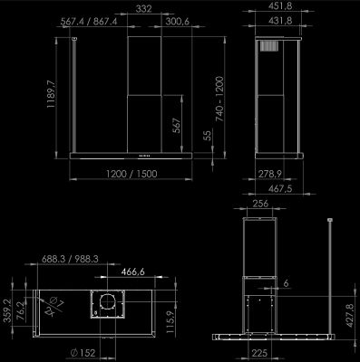 Digestor komínový Metropolis OR White Matt - Biely - technický výkres