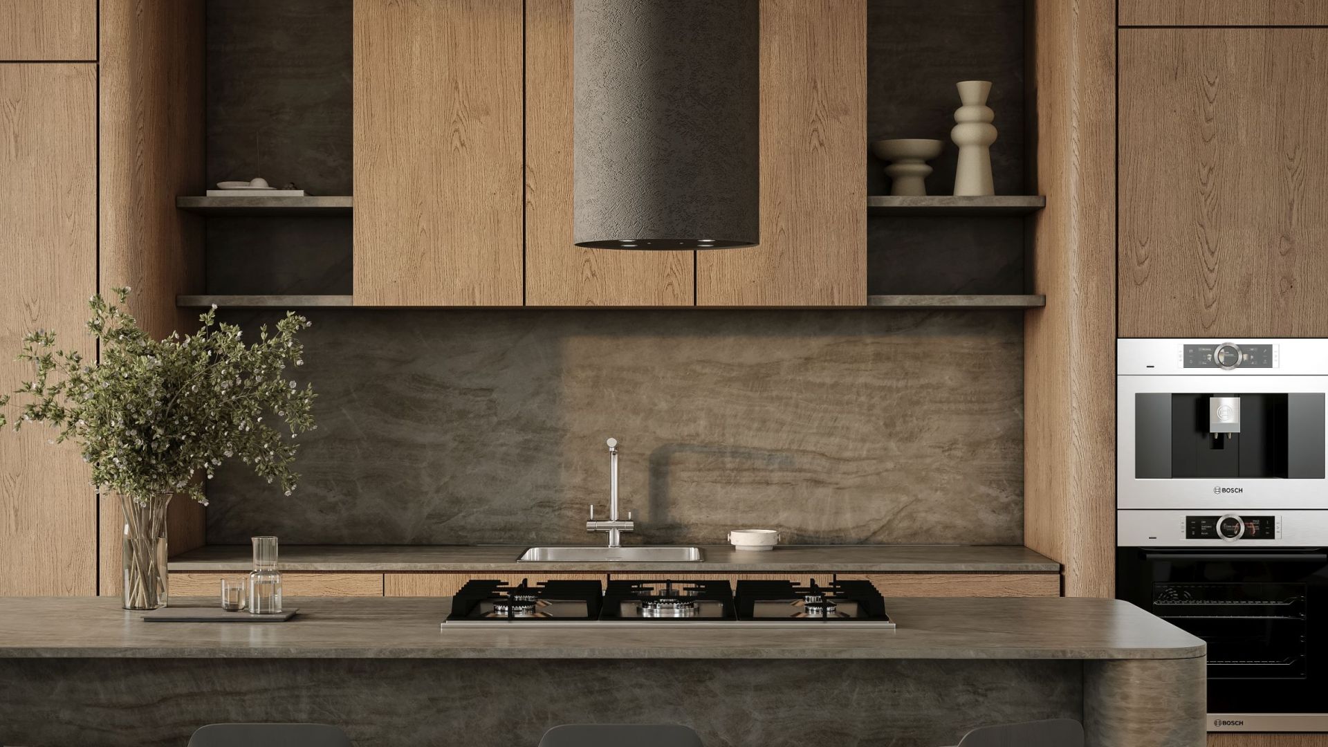 Ostrovčekový digestor Columni Stono Dark Grey - Sivá - Vizualizácia