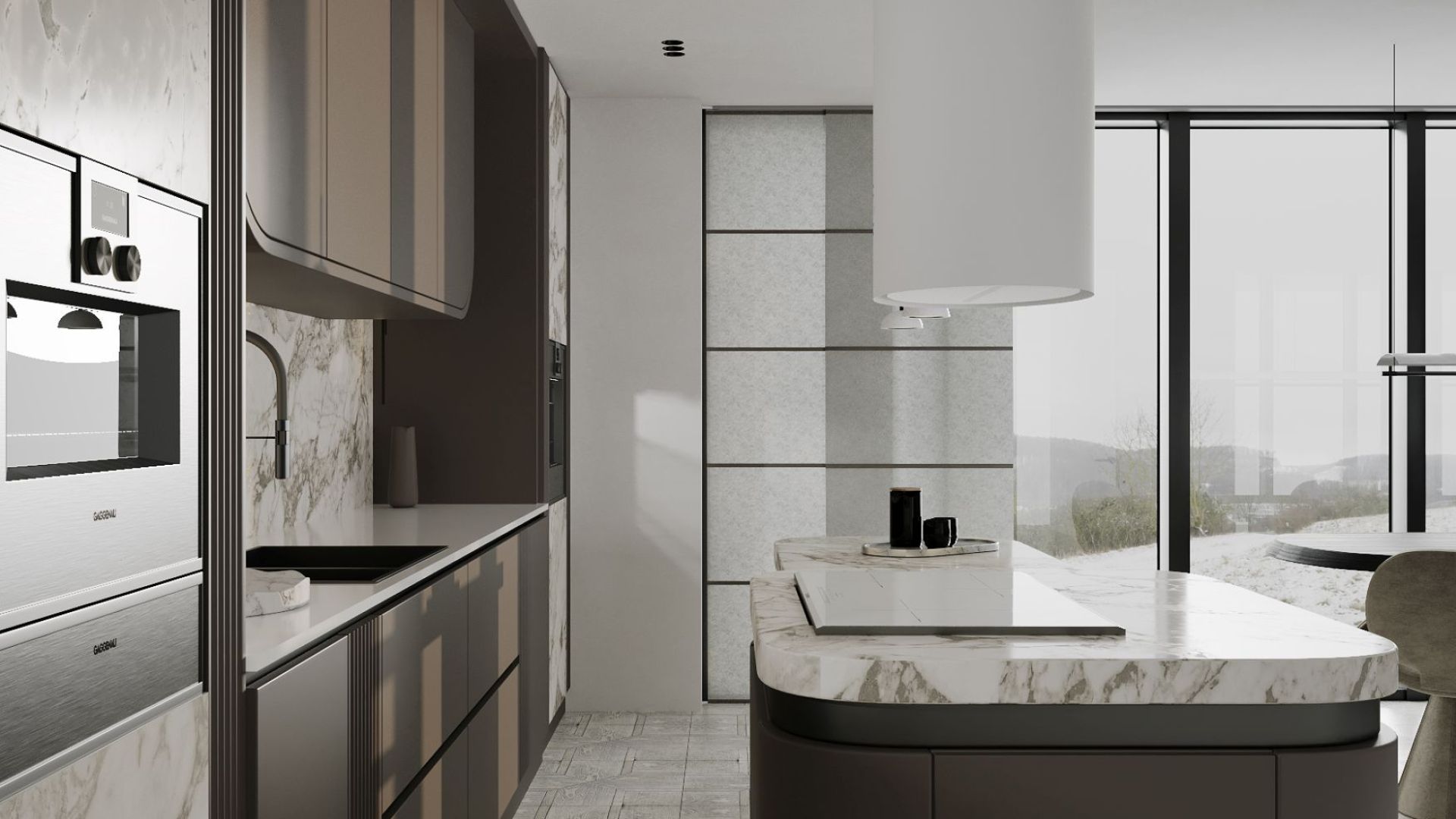 Ostrovčekový digestor Oval White Matt - Biela matná - Vizualizácia 4