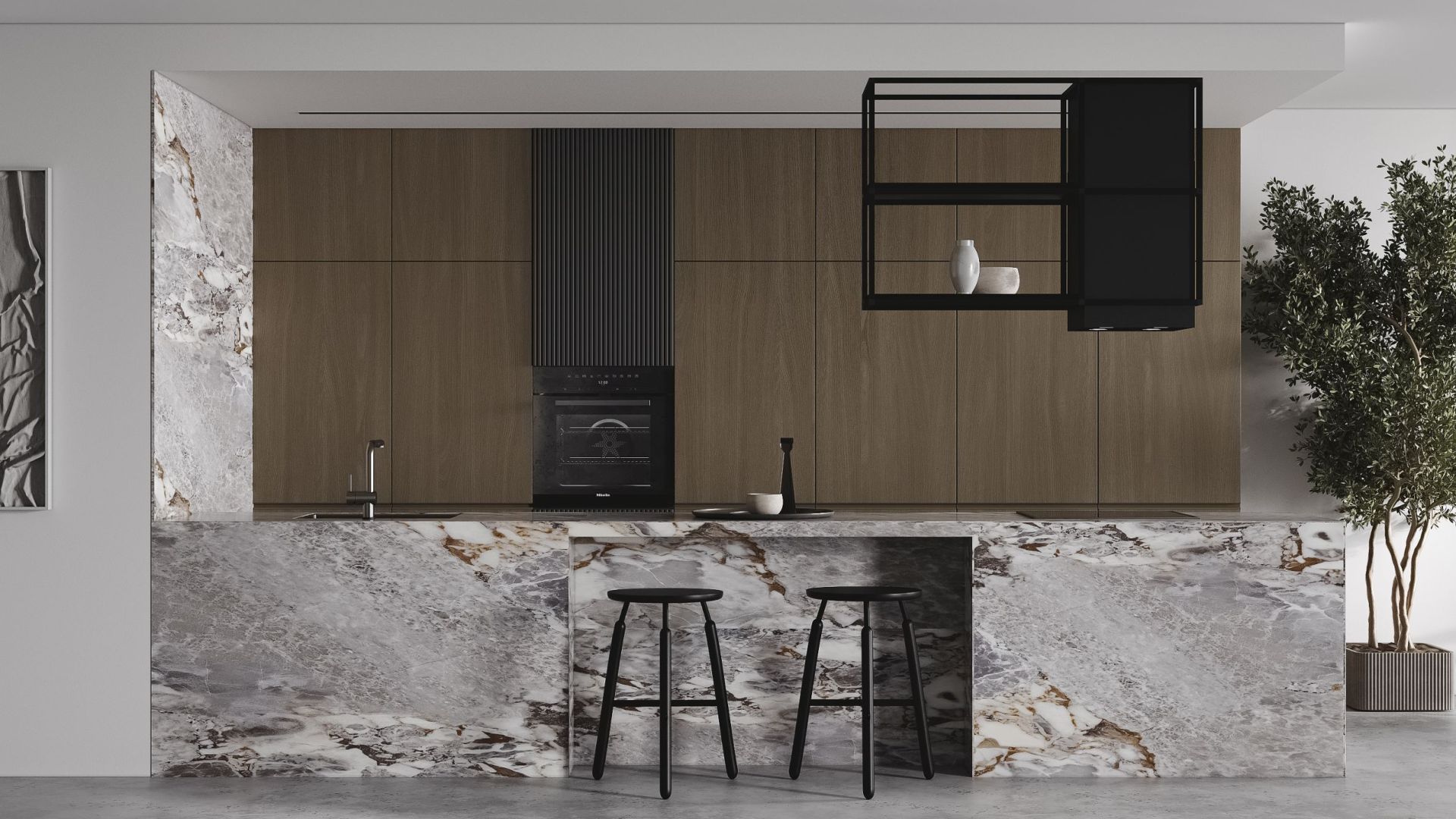 Ostrovčekový digestor Quadro Cage Asymmetric Glass Black Matt - Čierna matná - Vizualizácia