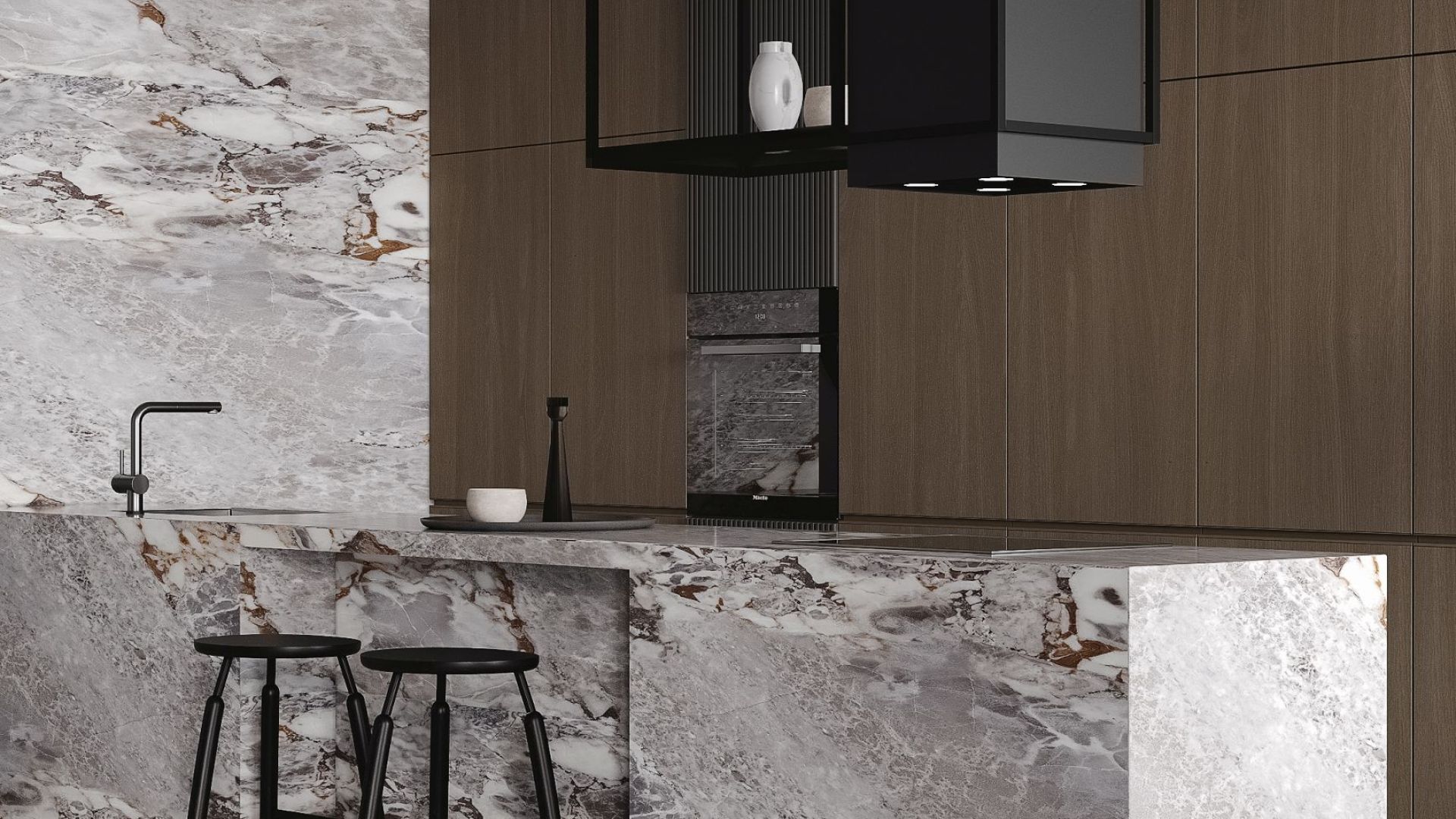 Ostrovčekový digestor Quadro Cage Asymmetric Glass Black Matt - Čierna matná - Vizualizácia 6