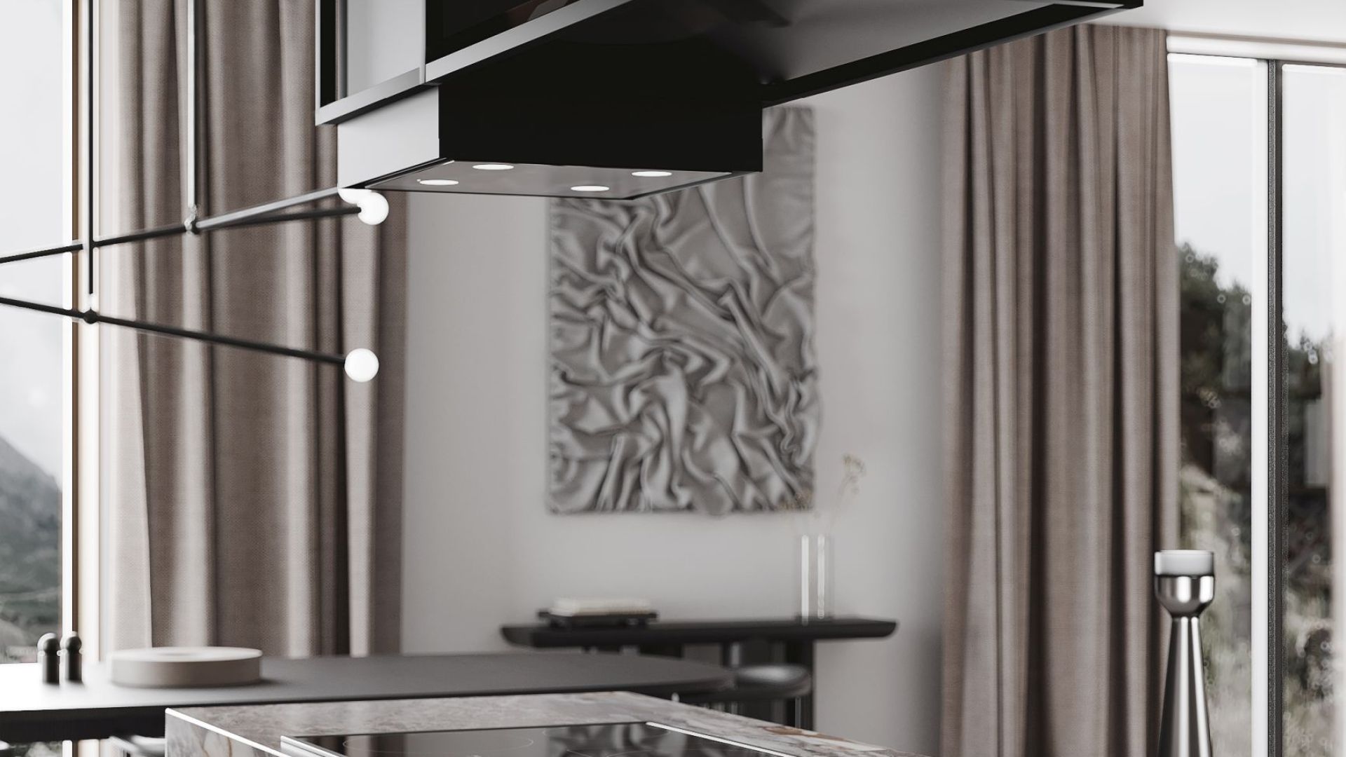 Ostrovčekový digestor Quadro Cage Asymmetric Glass Black Matt - Čierna matná - Vizualizácia 3