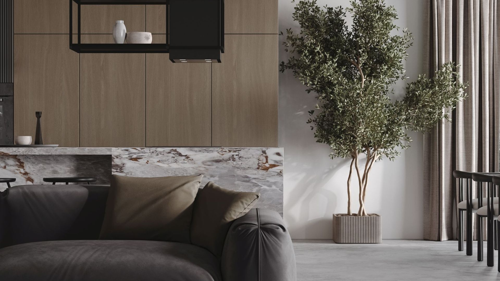 Ostrovčekový digestor Quadro Cage Asymmetric Glass Black Matt - Čierna matná - Vizualizácia 4