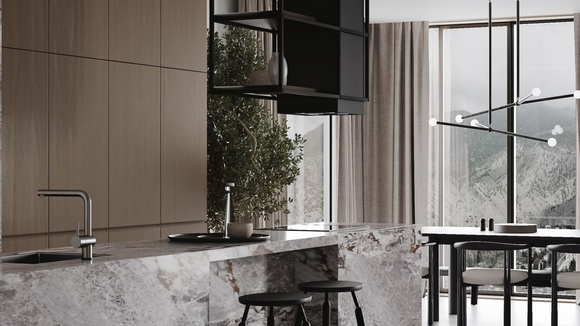 Ostrovčekový digestor Quadro Cage Asymmetric Glass Black Matt - Čierna matná - Vizualizácia 8