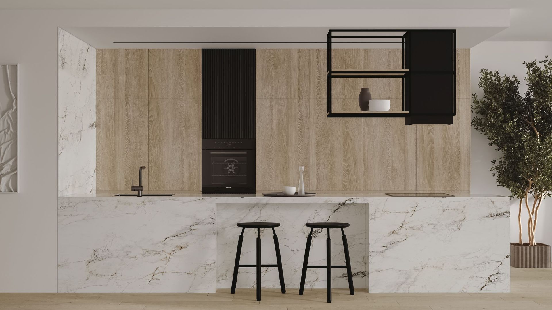 Ostrovčekový digestor Quadro Cage Asymmetric Wood Black Matt - Čierna matná - Vizualizácia