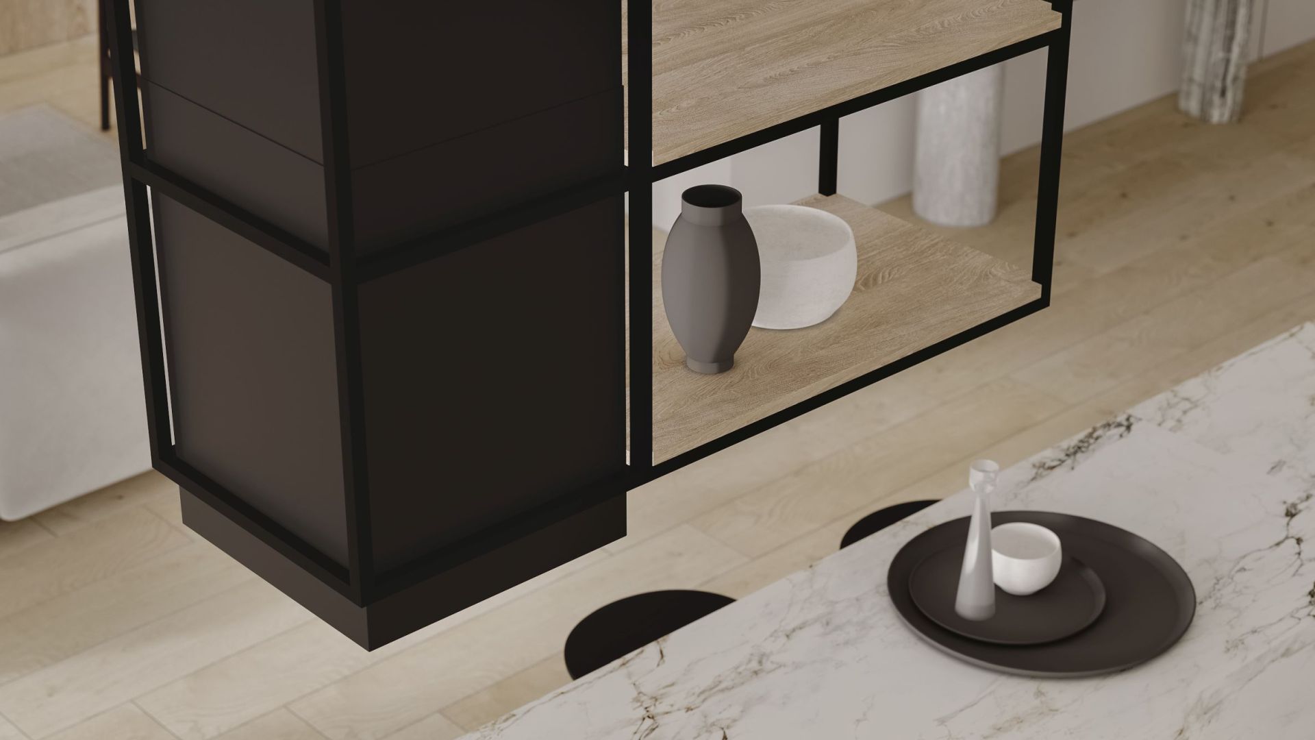 Ostrovčekový digestor Quadro Cage Asymmetric Wood Black Matt - Čierna matná - Vizualizácia 2