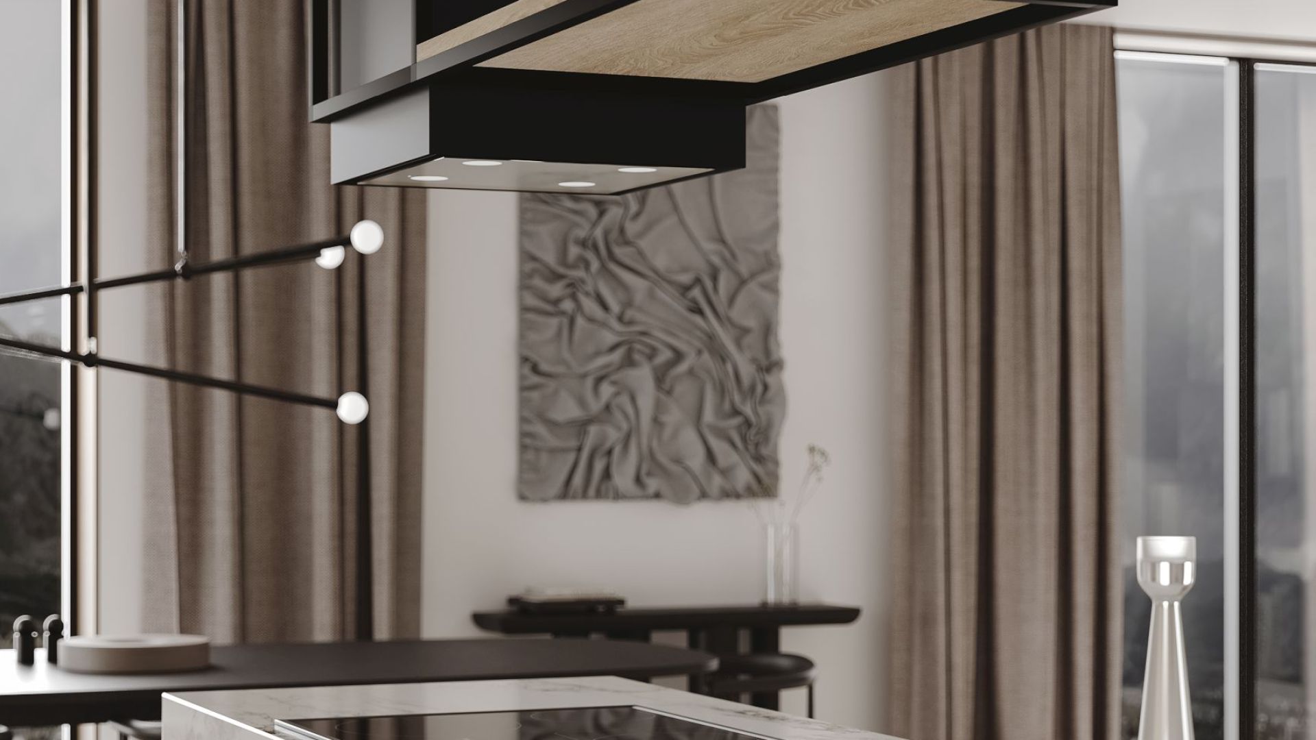 Ostrovčekový digestor Quadro Cage Asymmetric Wood Black Matt - Čierna matná - Vizualizácia 3