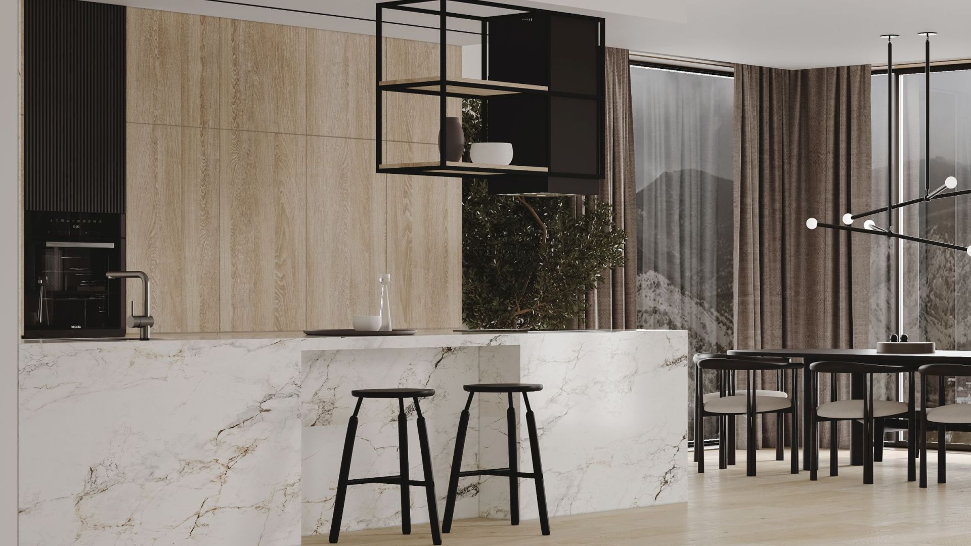 Ostrovčekový digestor Quadro Cage Asymmetric Wood Black Matt - Čierna matná - Vizualizácia 4