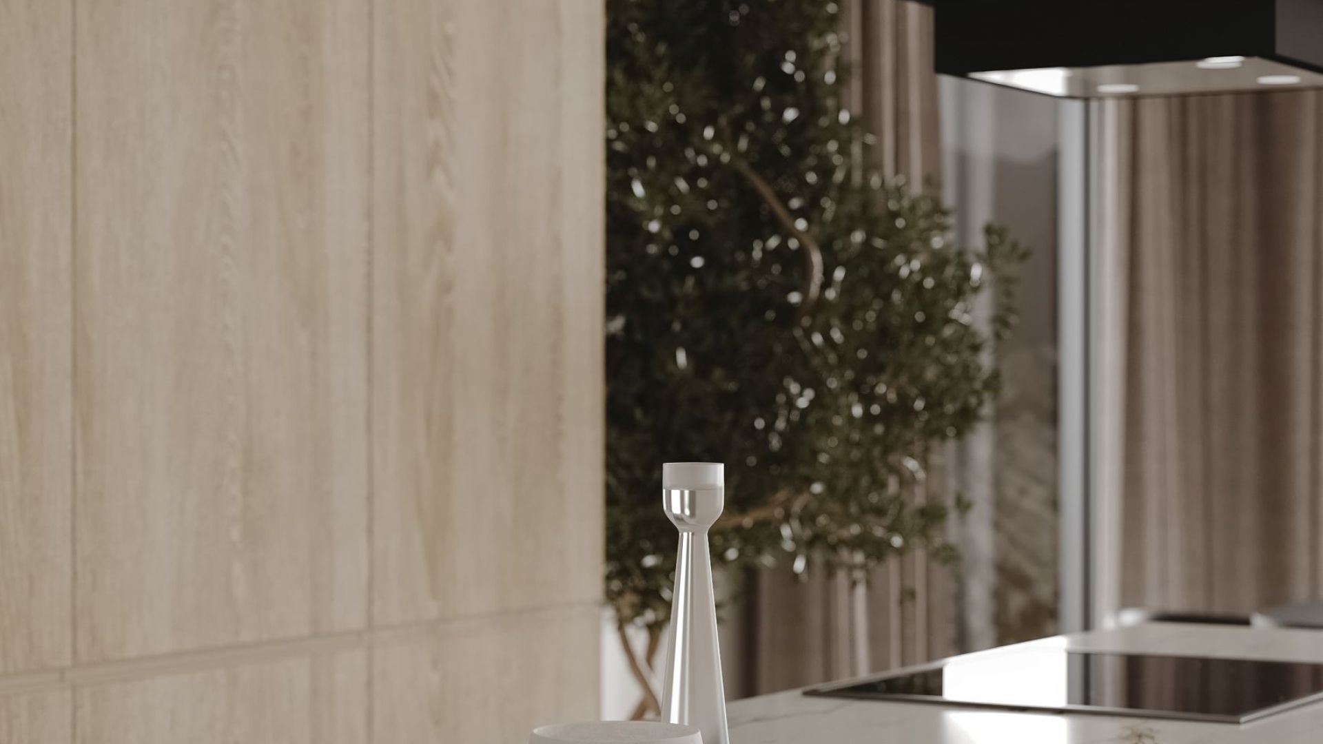 Ostrovčekový digestor Quadro Cage Asymmetric Wood Black Matt - Čierna matná - Vizualizácia 5