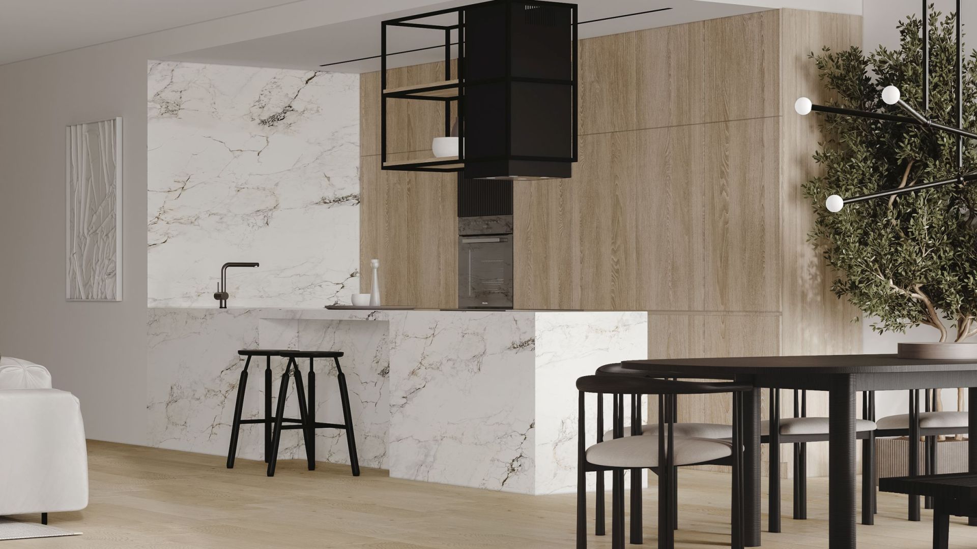 Ostrovčekový digestor Quadro Cage Asymmetric Wood Black Matt - Čierna matná - Vizualizácia 6