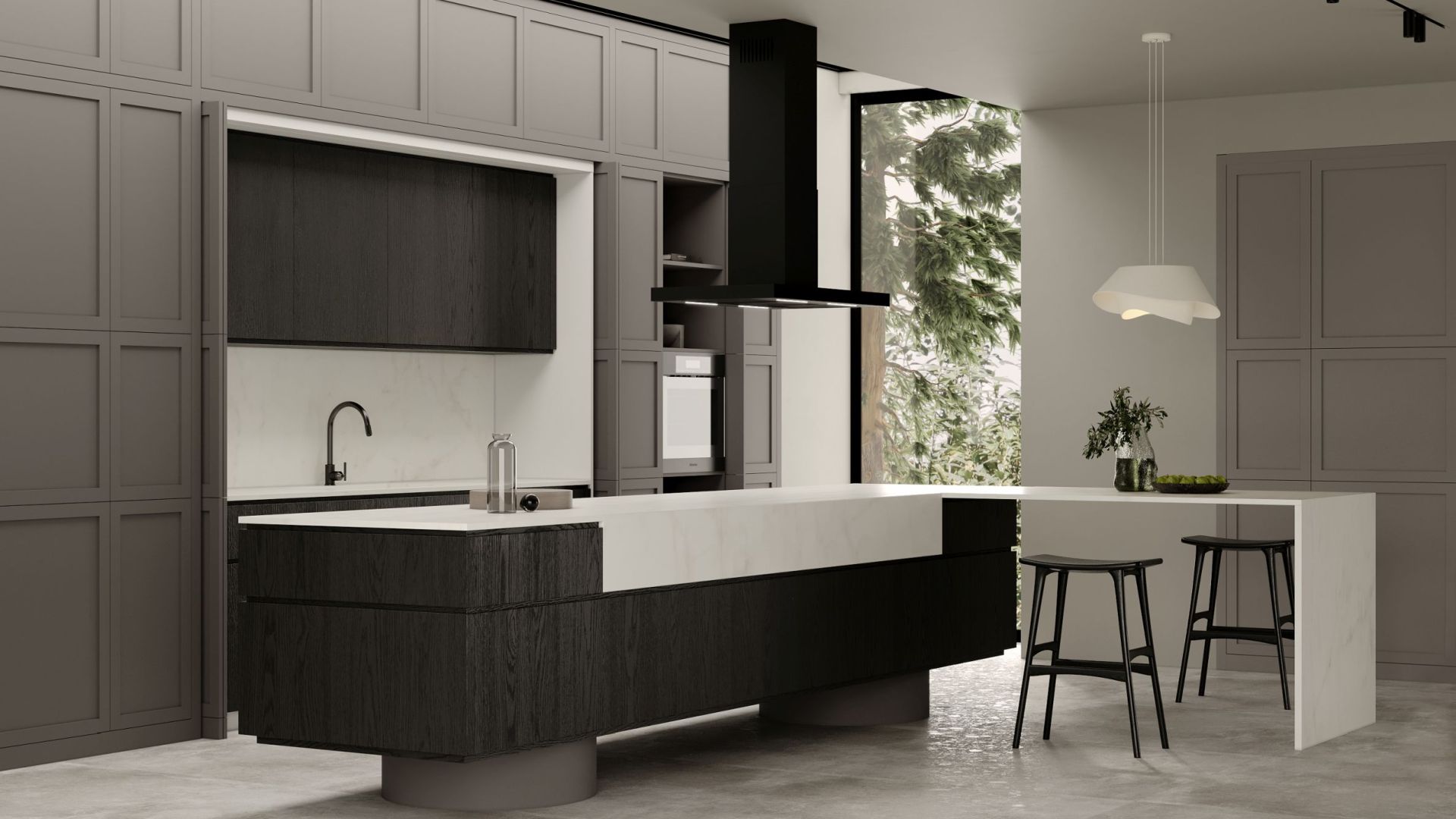 Ostrovčekový digestor Sento Island Strips Black Matt - Čierna matná - Vizualizácia