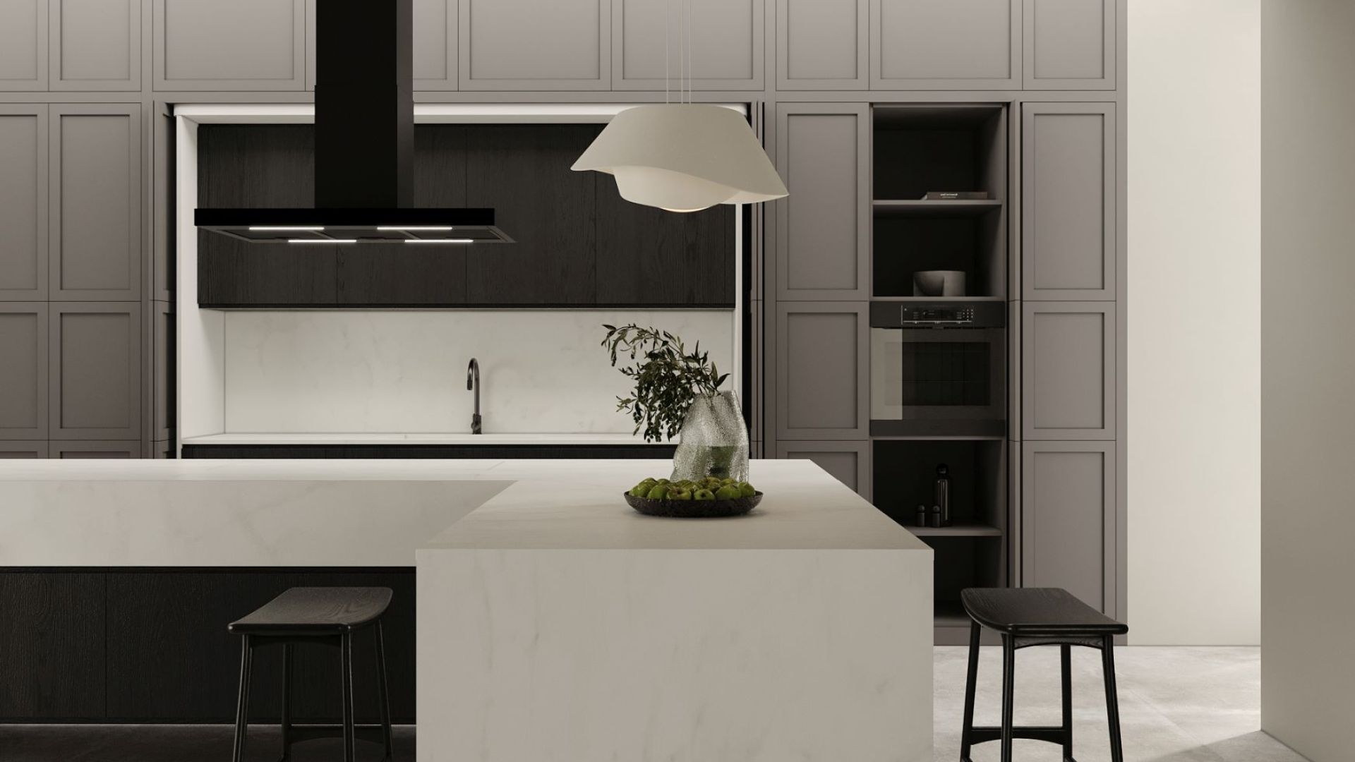 Ostrovčekový digestor Sento Island Strips Black Matt - Čierna matná - Vizualizácia 2