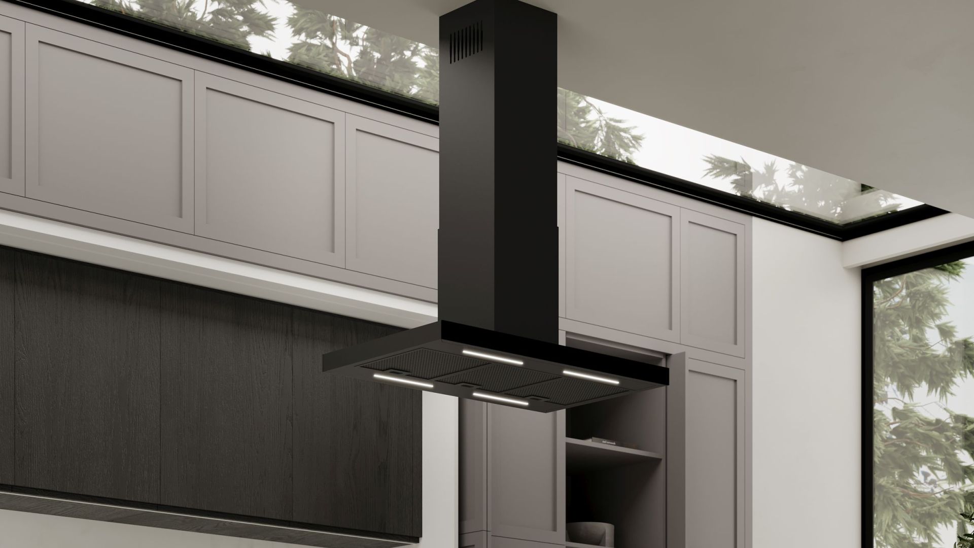 Ostrovčekový digestor Sento Island Strips Black Matt - Čierna matná - Vizualizácia 6