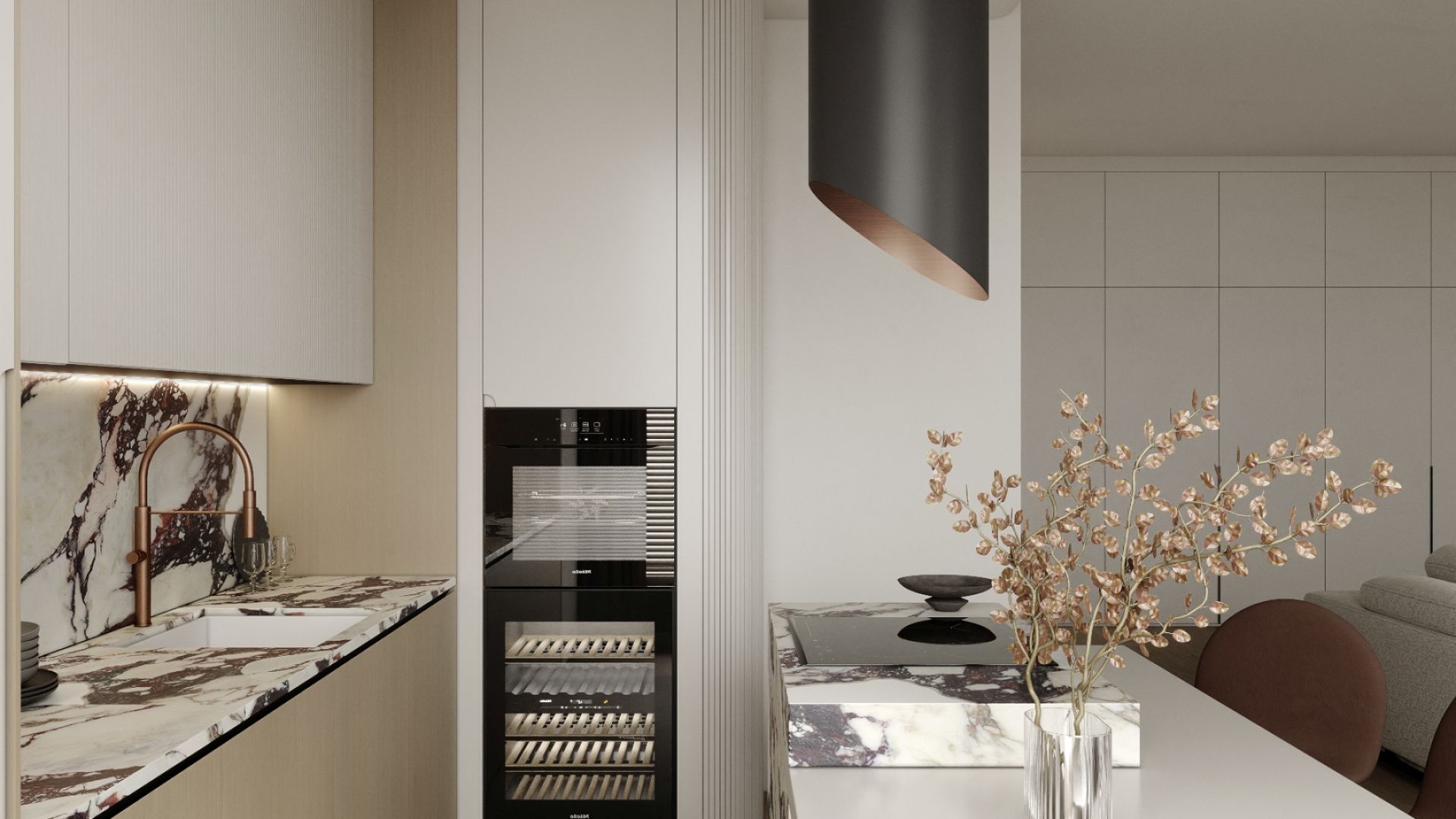 Ostrovčekový digestor Hiro Color Black-Copper - Black Matt/Copper - Vizualizácia 9