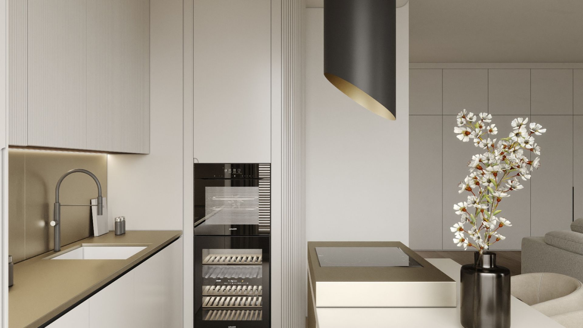 Ostrovčekový digestor Hiro Color Black-Gold - Black Matt/Gold - Vizualizácia 9