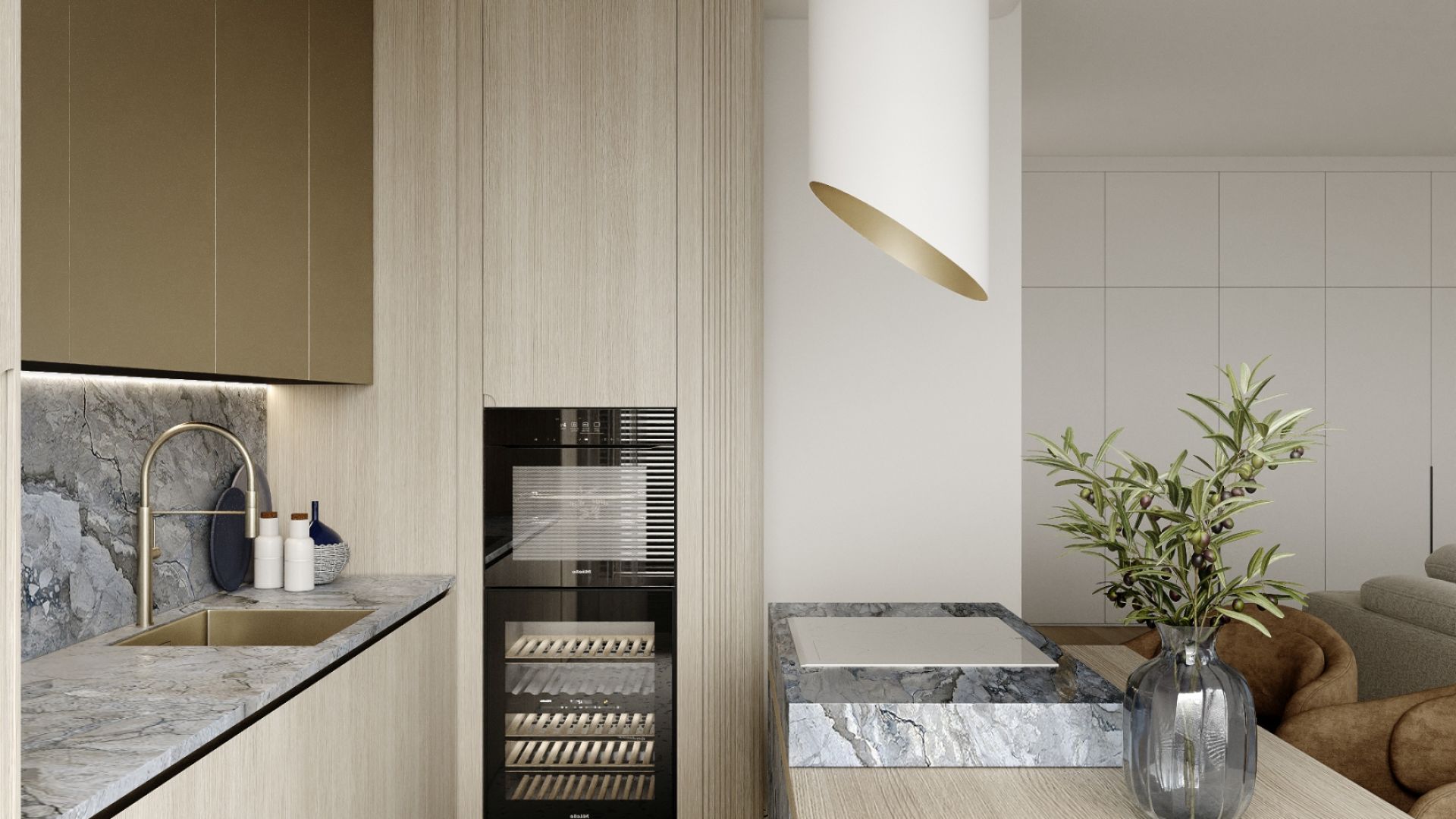 Ostrovčekový digestor Hiro Color White-Gold - White Matt/Gold - Vizualizácia 8
